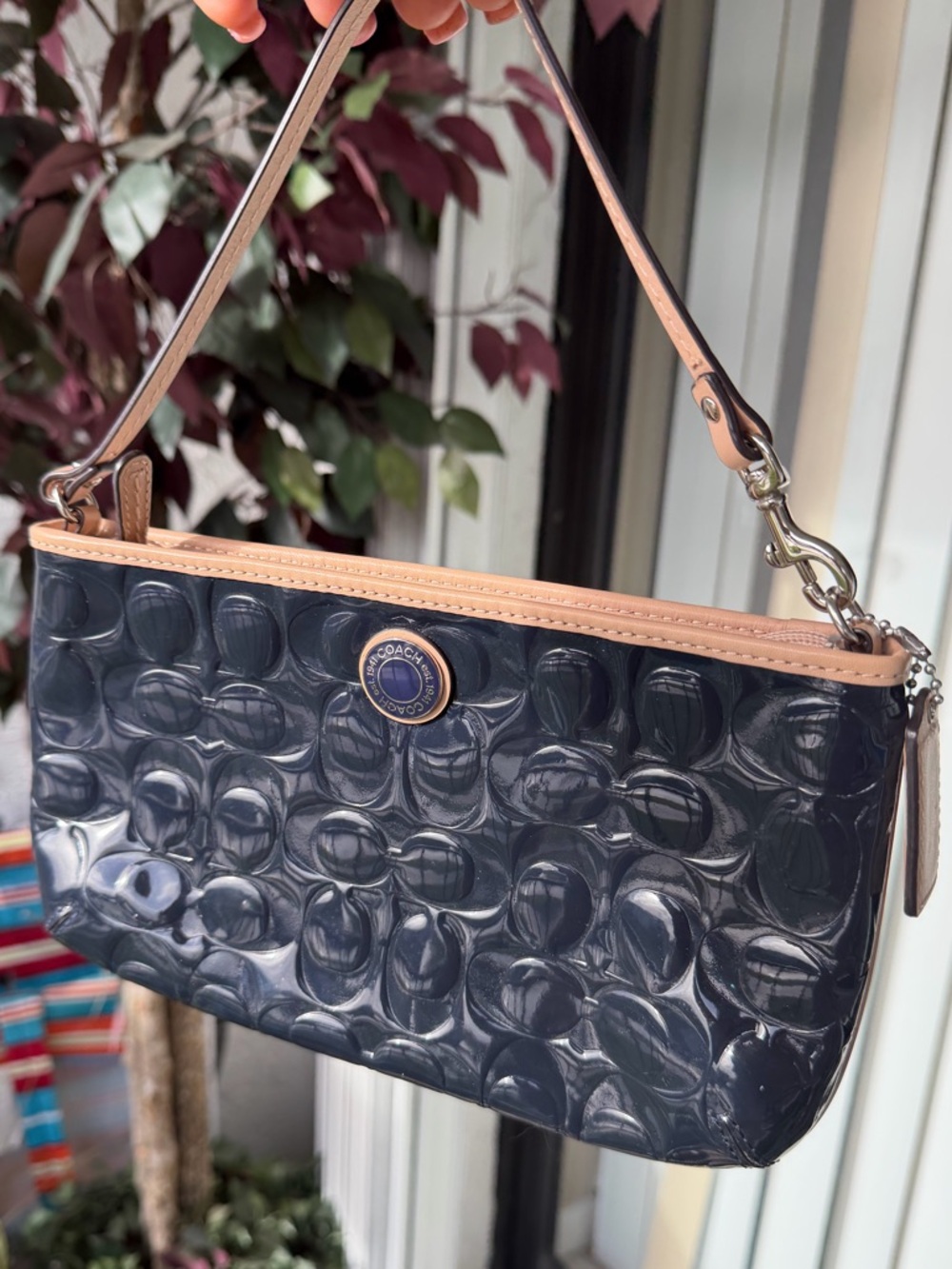 Coach Patent Leather Wristlet in Navy with Tan Trim